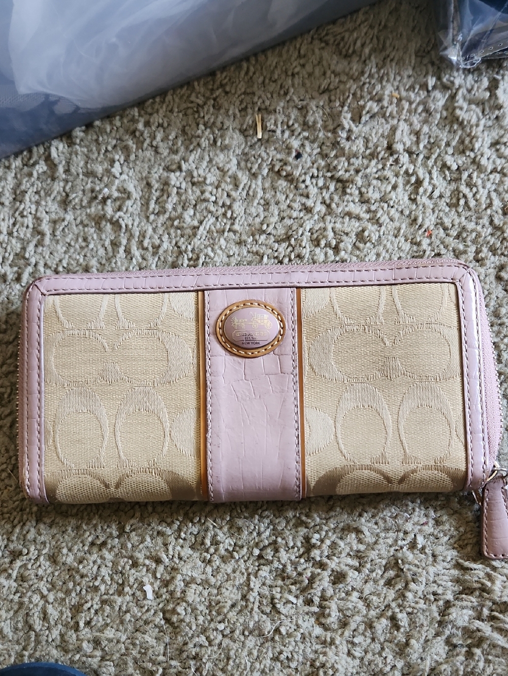Coach Beige Signature Canvas Zip Wallet with Pink Trim